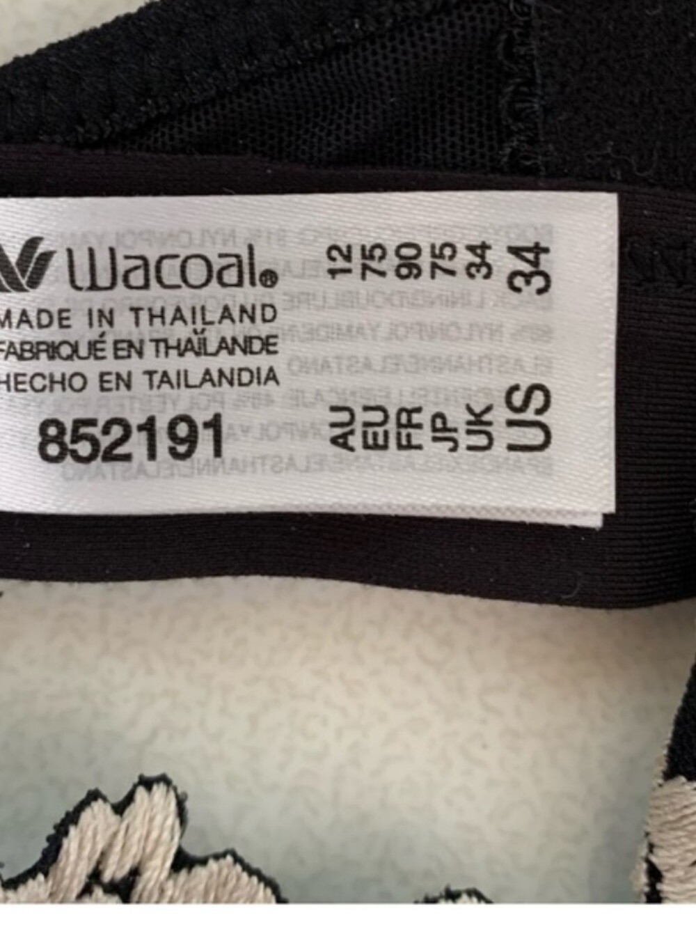 Wacoal Black Bralette Ivory Floral Embroidery Size 34 Lightweight - Picture 7 of 11